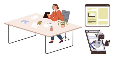 Woman at desk using tablet, robot assistant on smartphone, analytics on dashboard. Ideal for automation, technology, workplace, AI management, productivity remote work digital solutions. Simple