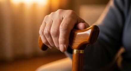 Elderly hand resting on wooden cane in warm, softly lit room  