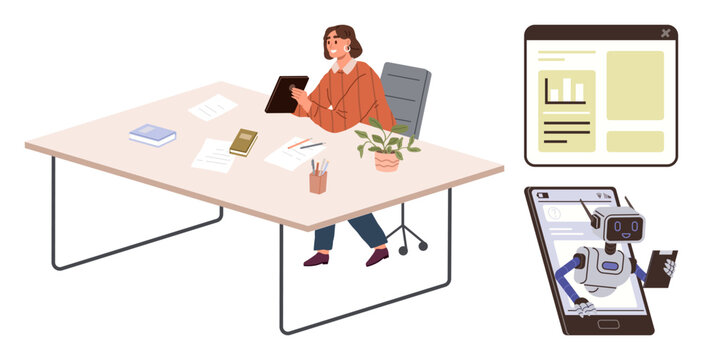 Woman at desk using tablet, robot assistant on smartphone, analytics on dashboard. Ideal for automation, technology, workplace, AI management, productivity remote work digital solutions. Simple - Powered by Adobe