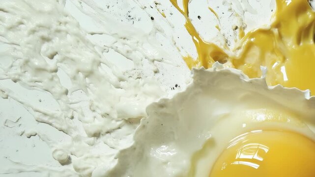 The broken egg showcases a rich yellow yolk surrounded by white egg whites splattered across a clean surface. This vibrant yellow yolk contrasts with the smooth egg whites beneath