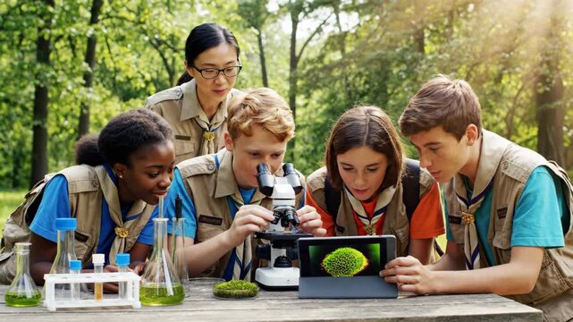 Engaged students explore nature with microscopes and tablets in outdoor learning