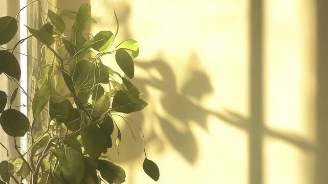 The green leaves cascade gracefully in the warm sunlight, creating soft shadows on the wall behind them. These green leaves and their shadows blend harmoniously with the yellow bac