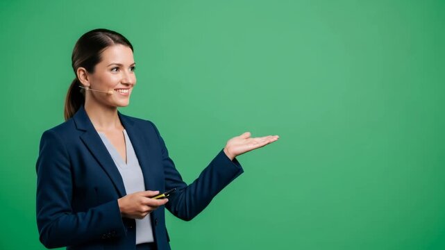 Woman with headset microphone holding pointer presenting on green screen for chroma key. Broadcast, conference, reporter footage.