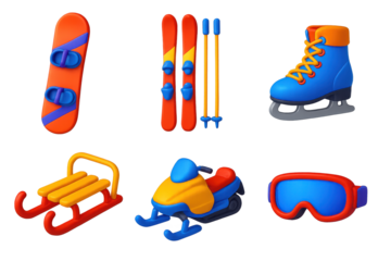 Winter Sports Icons. 3D icon set of winter sports: snowboard, skis, ice skates, sled, snowmobile, snow goggles. A set of 3D-style