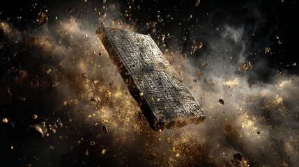 Egyptian hieroglyph tablet floating in swirling gold dust clouds