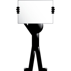 Simple Black Silhouette Figure Holding A White Blank Signboard Upwards Against A Transparent Background With Subtle Reflections On Feet And Body