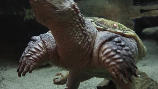 Underwater Behavior of Snapping Turtle. Close-up video of snapping turtle swimming in an aquarium. Captures detailed reptile movement underwater. 