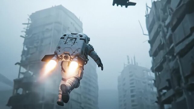 Astronaut Flying with Jetpack Through Ruined Post-Apocalyptic Cityscape