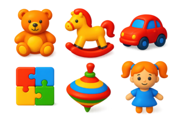 Vibrant Toy Icons. 3D icon set of children’s toys: teddy bear, rocking horse, toy car, puzzle blocks, spinning top, doll. A set of