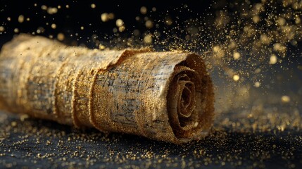 Ancient Egyptian papyrus scroll floating with golden particles