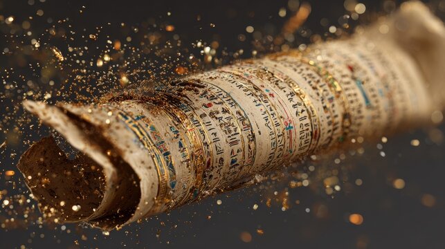 Ancient Egyptian papyrus scroll floating with golden particles