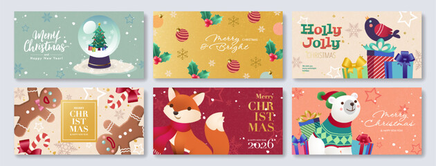 Merry Christmas and Happy New Year illustration set. Cute vector cartoon of gingerbread man, snow globe, fox, Christmas present, polar bear, for banner, horizontal greeting card, poster, or background