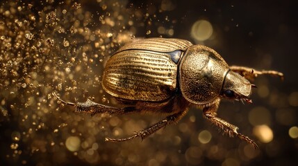 Ancient golden scarab beetle floating in shimmering dust particles
