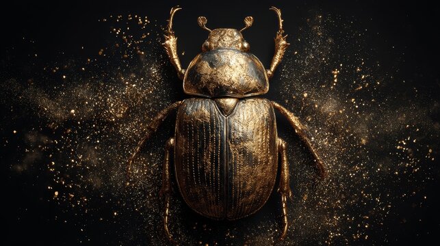 Ancient golden scarab beetle floating in shimmering dust particles