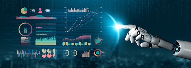 A futuristic robotic hand engages with vibrant data visualizations and graphs, illustrating the integration of technology and analytics in today digital landscape. Impute