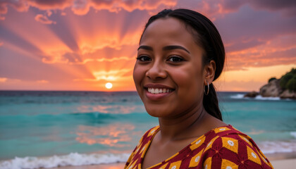 A woman with black hair in a ponytail, wearing a red and yellow patterned top, smiles warmly at the beach during a vibrant sunset, with the ocean and rocks in the background.