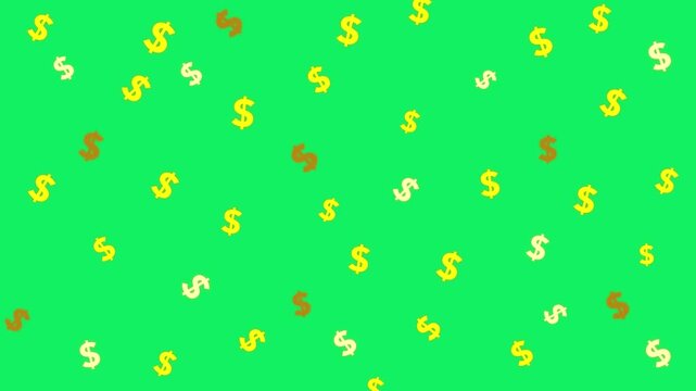 Glowing gold dollar symbol pattern animation on a chroma key green background. The symbols gently rotate and subtly scale in and out randomly at intervals. Representing luxury, wealth, and prosperity.
