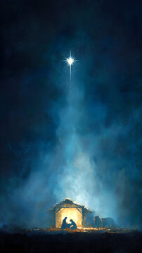 dise&ntilde;o creativo de una pintura navide&ntilde;a en acuarela para tarjeta de feliz navidad en diciembre con la sagrada familia y el ni&ntilde;o Dios 