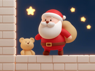 3d santa claus with teddy bear standing on rooftop under glowing stars