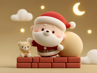 3d santa claus with teddy bear under moonlight on golden christmas background