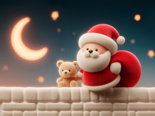 3d santa claus with teddy bear under glowing crescent moon on dreamy night sky