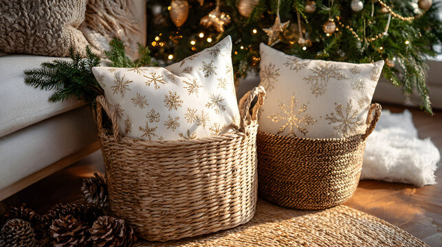 canastas de mimbre con cojines navide&ntilde;os decorativos elegantes en colores neutros junto a un arbol de navidad en una sala acogedora para celebraciones de navidad 
