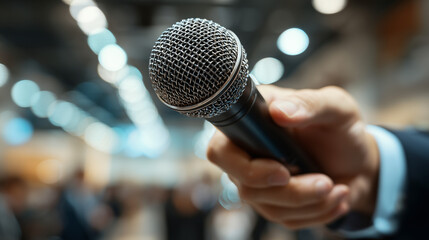 Ai presenter holds microphone at event for public speaking engagement in modern venue
