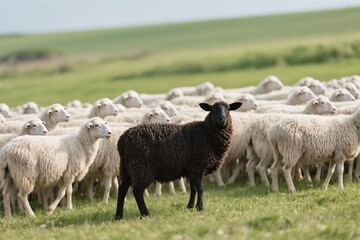 Obraz premium A striking black sheep stands out prominently amid a flock of pure white sheep in a lively vibrant green meadow