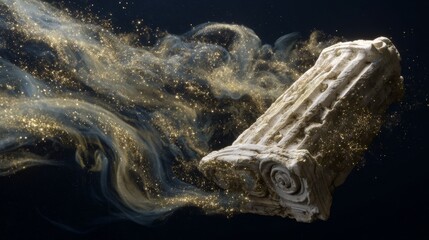Marble Greek column fragment floating in air with swirling golden particle clouds