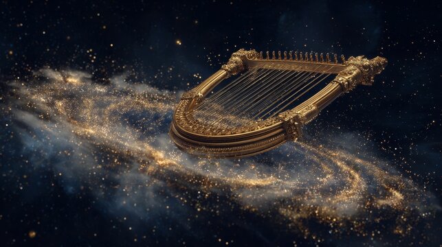Classical Greek lyre instrument floating in air surrounded by golden particles