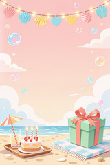 A whimsical digital illustration of a beach birthday celebration, featuring a cake, gift, and festive string lights against a pastel pink sky with fluffy clouds and bubbles.