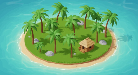 Obraz premium Isometric Tropical Island with Palm Trees and Bungalow in a Cartoon Style