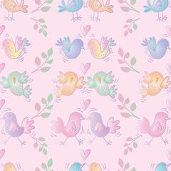 Seamless pattern with love birds and hearts.  on a pink background.