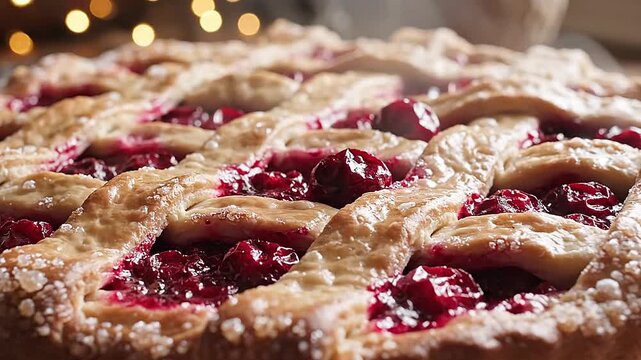 The intricate lattice top of a cherry pie, with red filling peeking through.