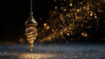 Ornate Greek oil lamp floating in air with cascading golden particle effects