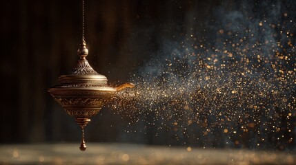 Ornate Greek oil lamp floating in air with cascading golden particle effects