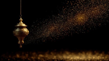 Ornate Greek oil lamp floating in air with cascading golden particle effects
