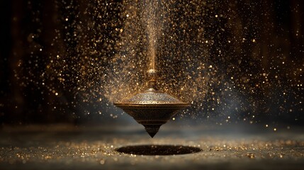 Ornate Greek oil lamp floating in air with cascading golden particle effects