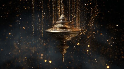 Ornate Greek oil lamp floating in air with cascading golden particle effects