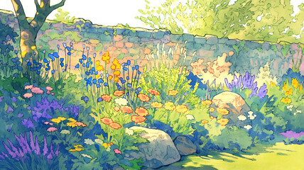 春の光と風が感じられる花咲くイラスト｜新生活に最適な爽やかで清潔感のある構図の作品