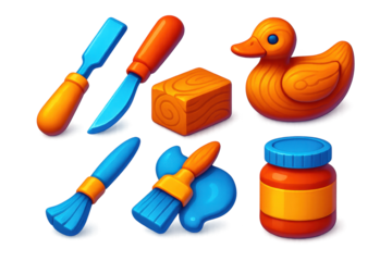 3D Woodcarving Tools Icons. 3D icon set of wooden carvings: hand chisel, carving knife, wooden block, duck figurine, paintbrush,