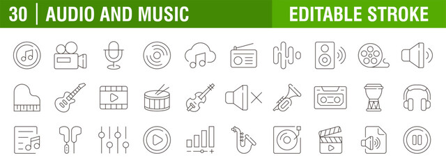 Collection of music and audio icons. Rhythms, instruments, musical instruments, hobbies. Vector design templates, signs, symbols, editable strokes. © icoNic