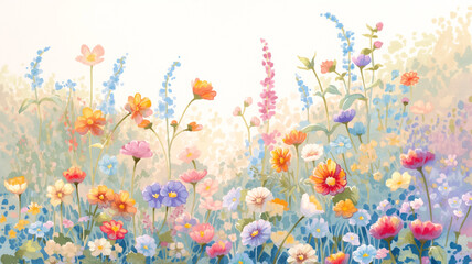 春の陽気と花々が彩るイラスト｜新生活など多様な用途にマッチする明るく洗練された素材