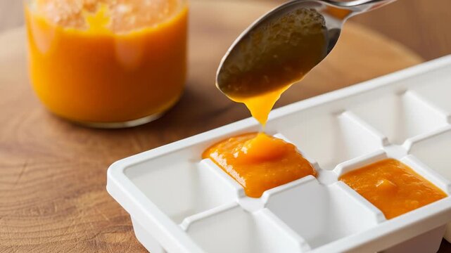 Spoon filling ice cube tray with homemade baby food on wooden board. A close-up shot. Food preparation, healthy nutrition, freezing leftovers.