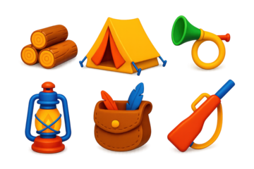 Hunting Tradition Icons. 3D icon set of hunting traditions: firewood stack, canvas tent, hunting horn, rifle case, lantern, game