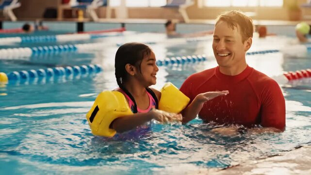 Child learning to swim with instructor in indoor pool setting for water safety and fun