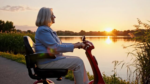 Elderly woman enjoying scenic lake ride on mobility scooter at sunset