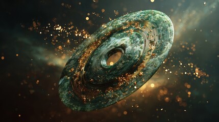 Ancient Chinese jade disc floating in air surrounded by swirling golden particles