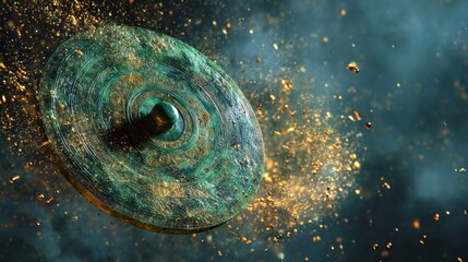 Ancient Chinese jade disc floating in air surrounded by swirling golden particles