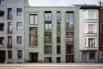 Fototapeta premium Modern building design showcases green facades in an urban setting with multiple windows highlighting contemporary architecture
